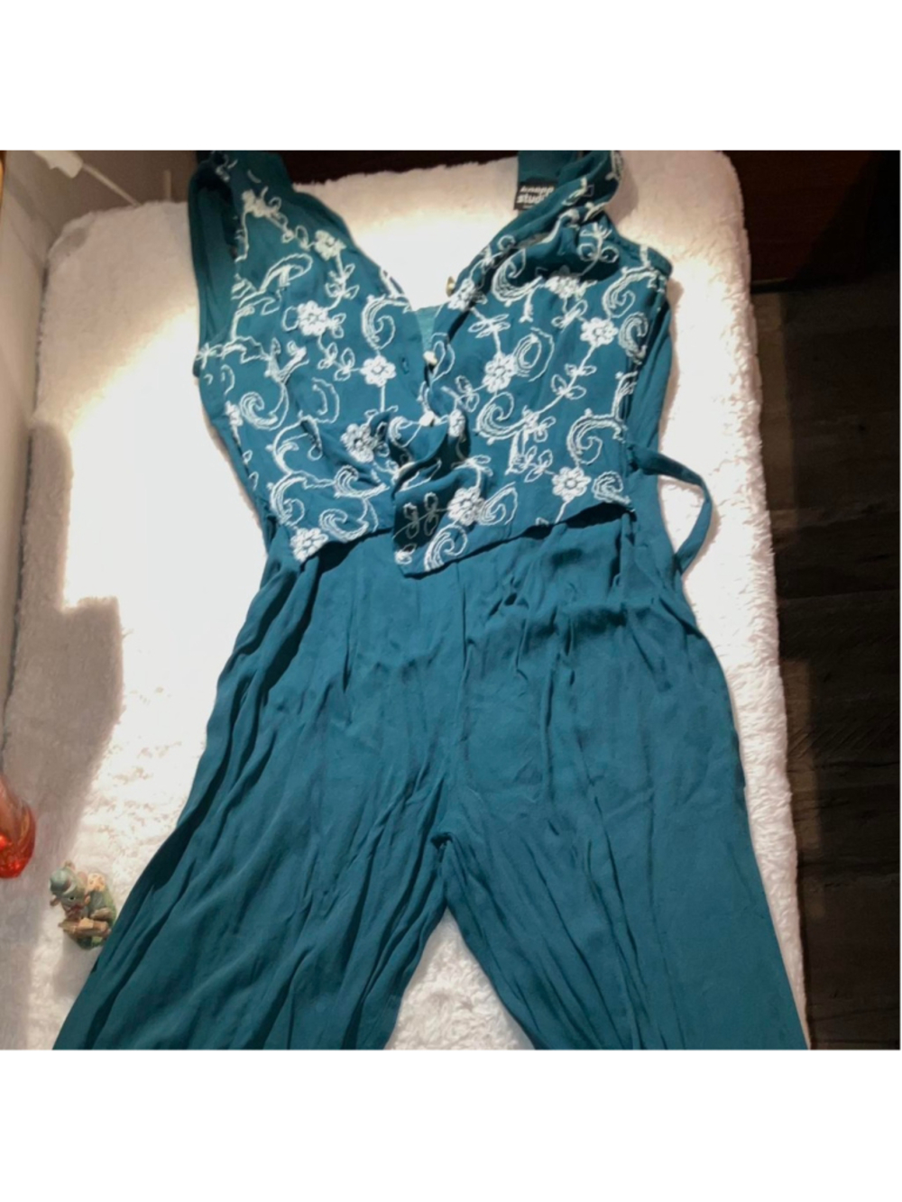 Blue-ish green and white floral embroidered jumpsuit with tie waist and built in